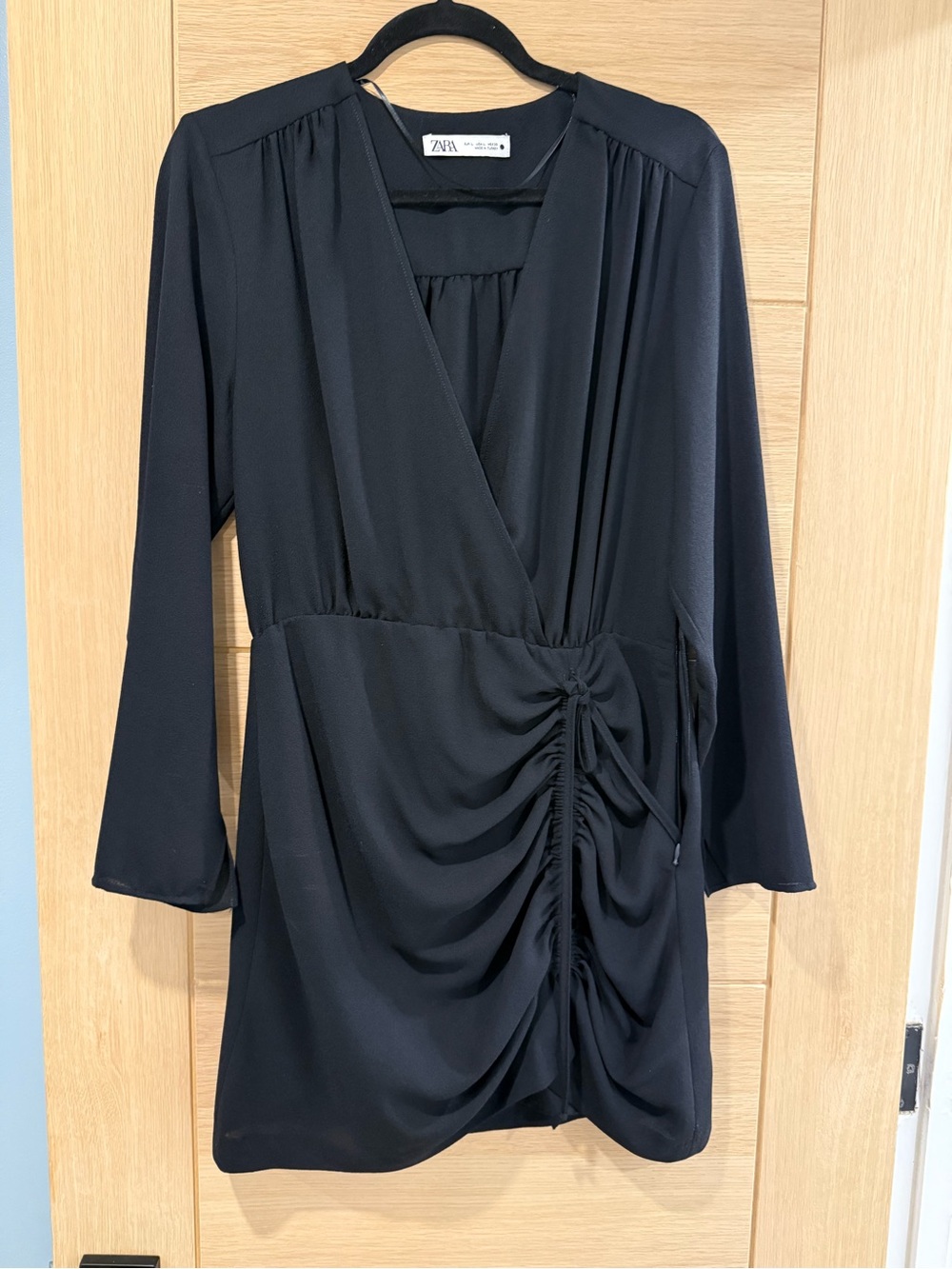Zara Black Ruched Wrap-Style Long Sleeve Dress